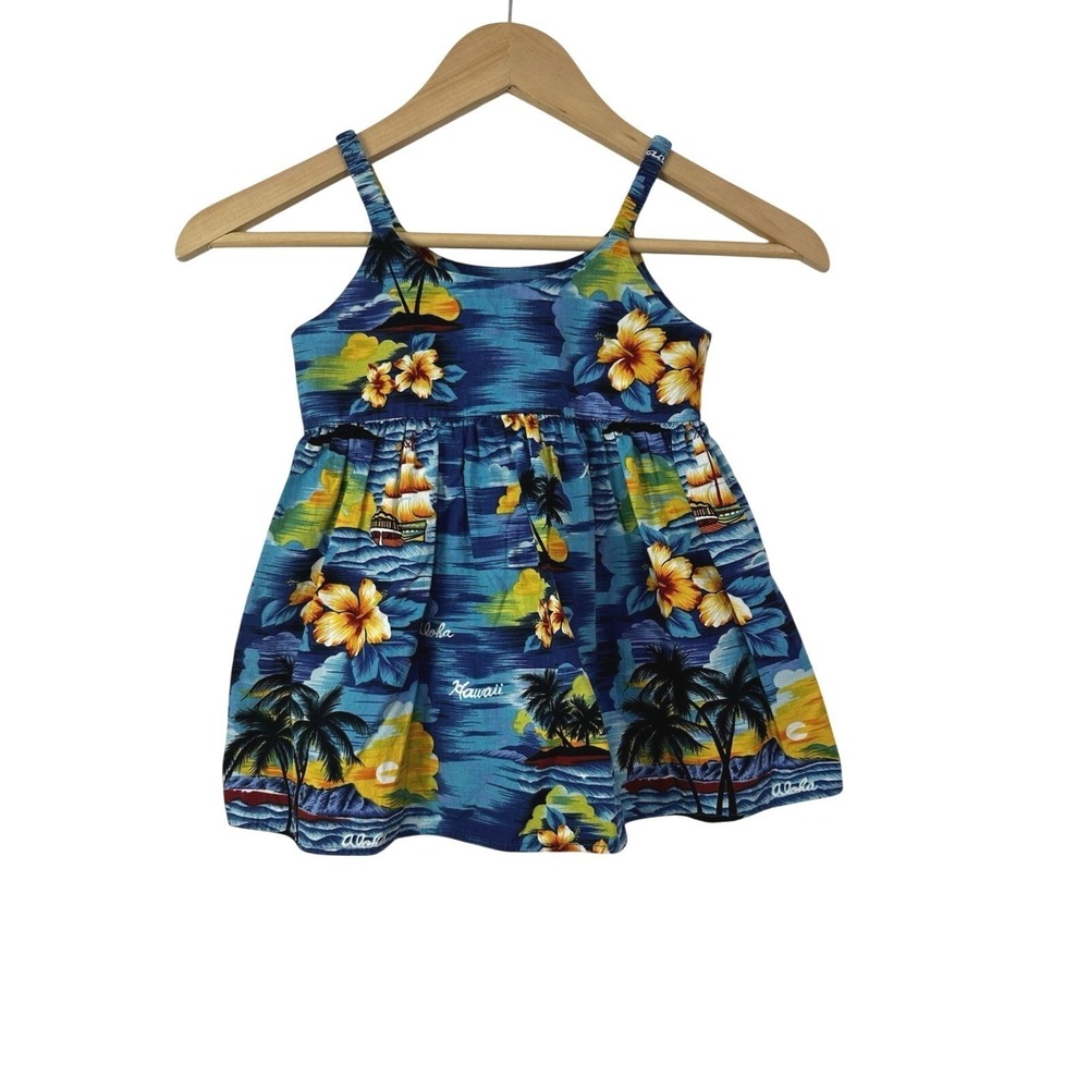 KY'S Hawaiian Sundress Girls Size 4 Aloha Blue Floral Tropical Tie Back Vacation